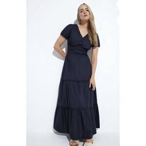 LTS Long Tall Sally Navy Blue Maxi Dress Lace Insert Tiered Bohemian Hippie S 6￼